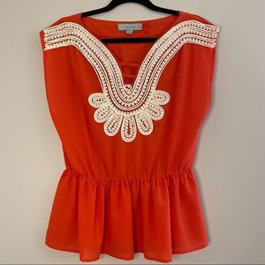 Camilla Tree | Red Orange | Embroidered Paisley Lace | Bright and bold | EUC